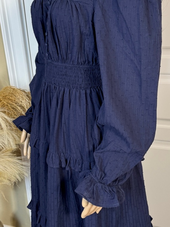 WOMEN’S LONG SLEEVE BUTTON UP ELASTIC WAIST FRONT POCKETS TIERED MIDI DRESS - Picture 10 of 16